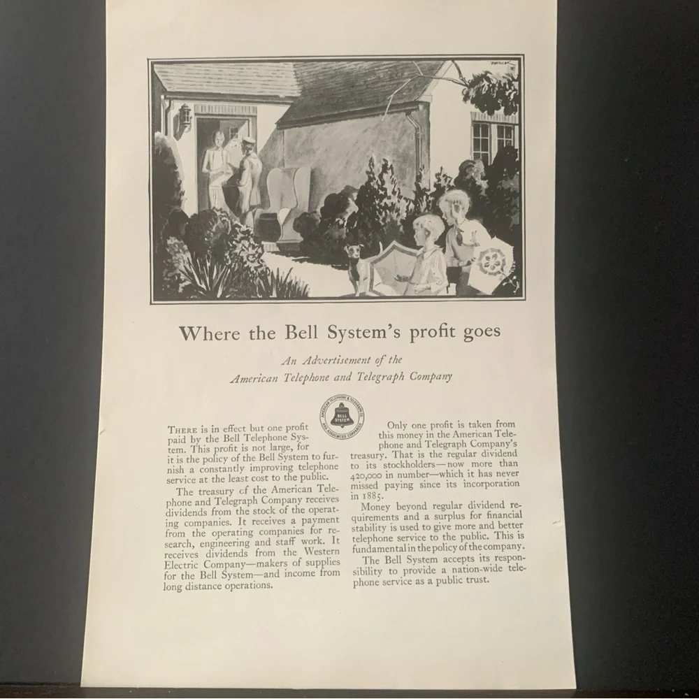 Vintage 1928 Bell Telephone Where Bell System’s Profit Goes Ad Advertisment